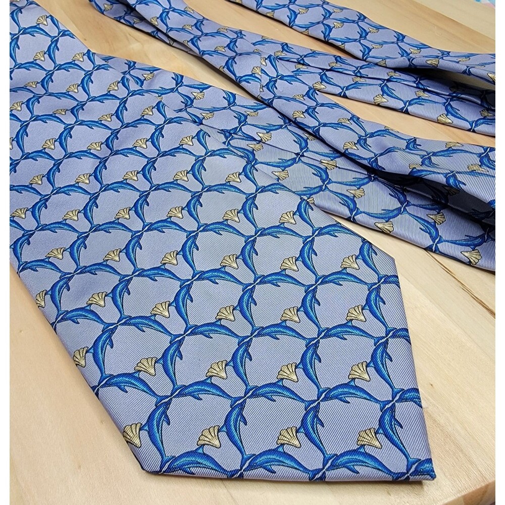 Lanvin Paris Dolphin Print Silk Tie Blue Sea Life Ocean Marine Novelty Necktie